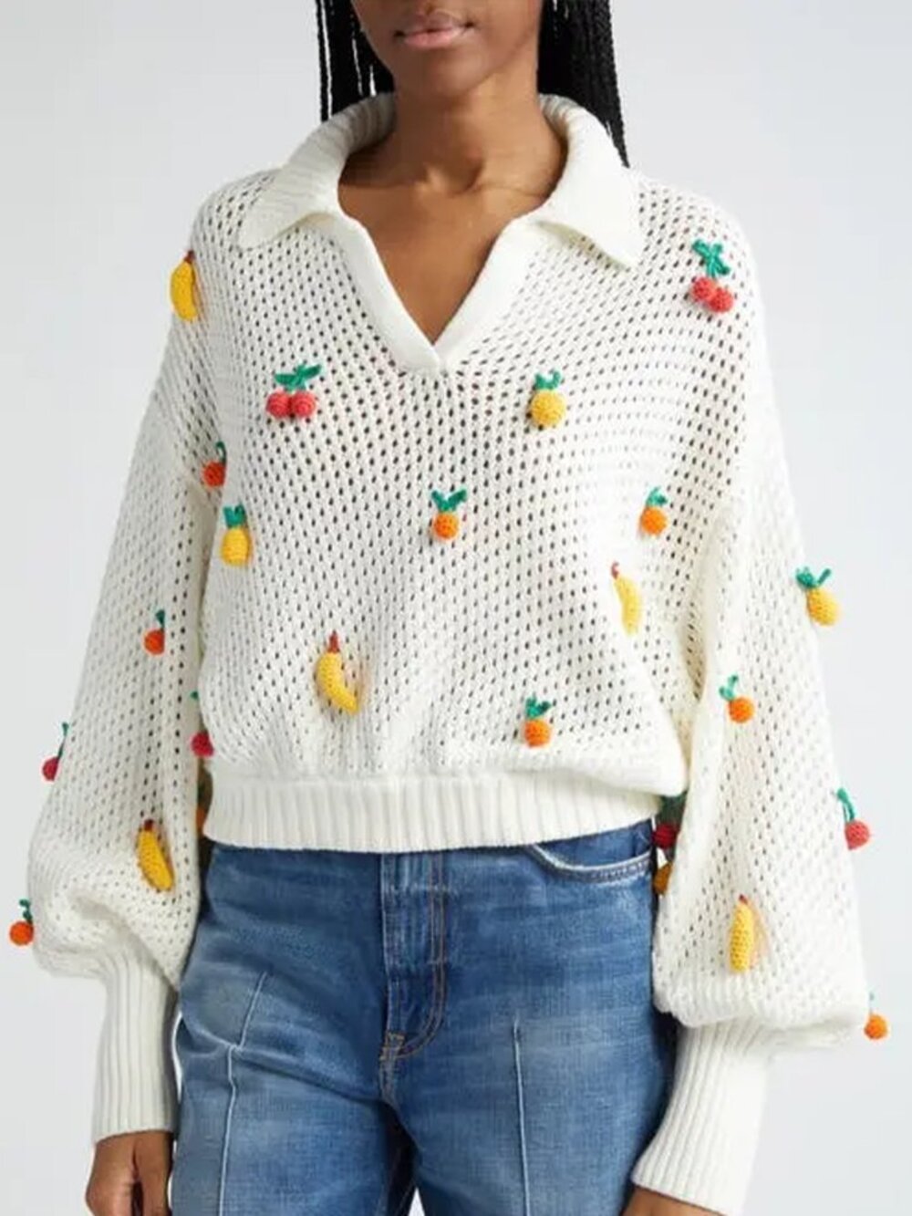 FARM Rio Open Stitch Crochet Fruit Cotton Sweater White - XS - Picture 4 of 10